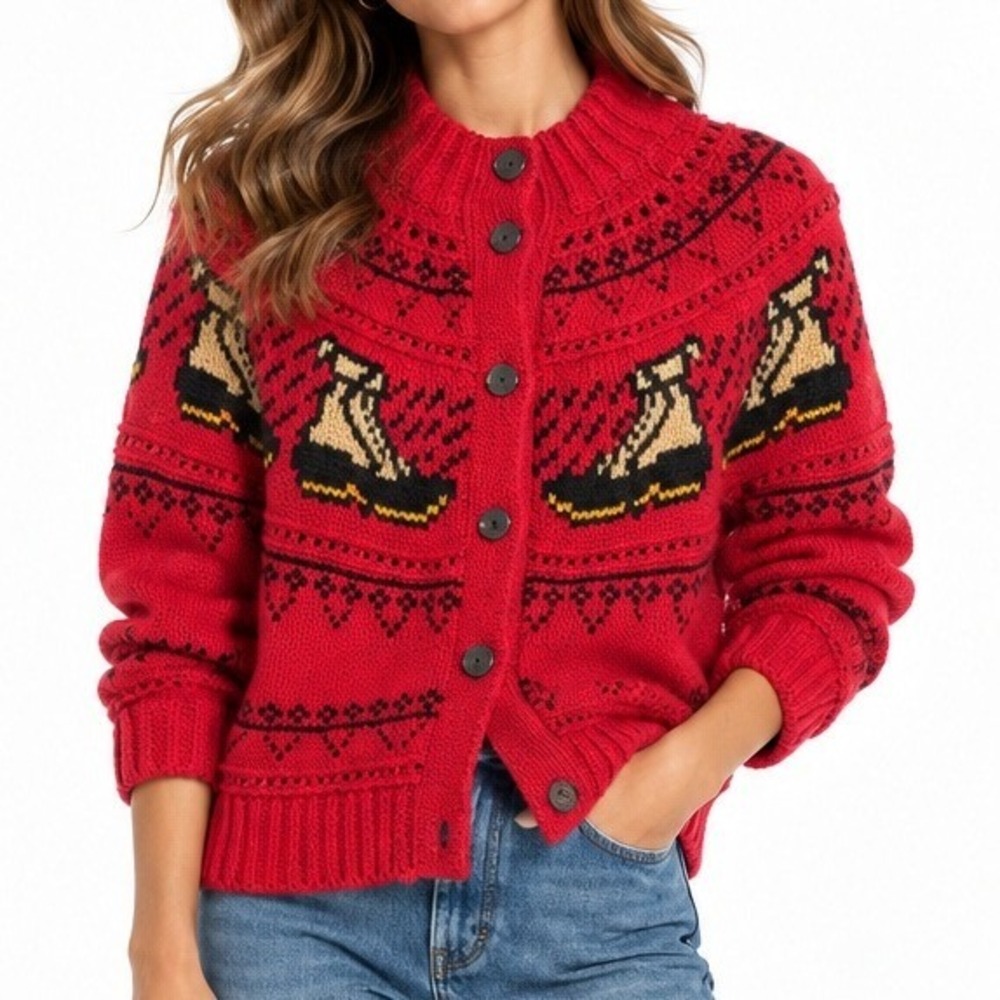 LL Bean Signature Fair Isle Bean Boot Cardigan Sweater Red Womens Small